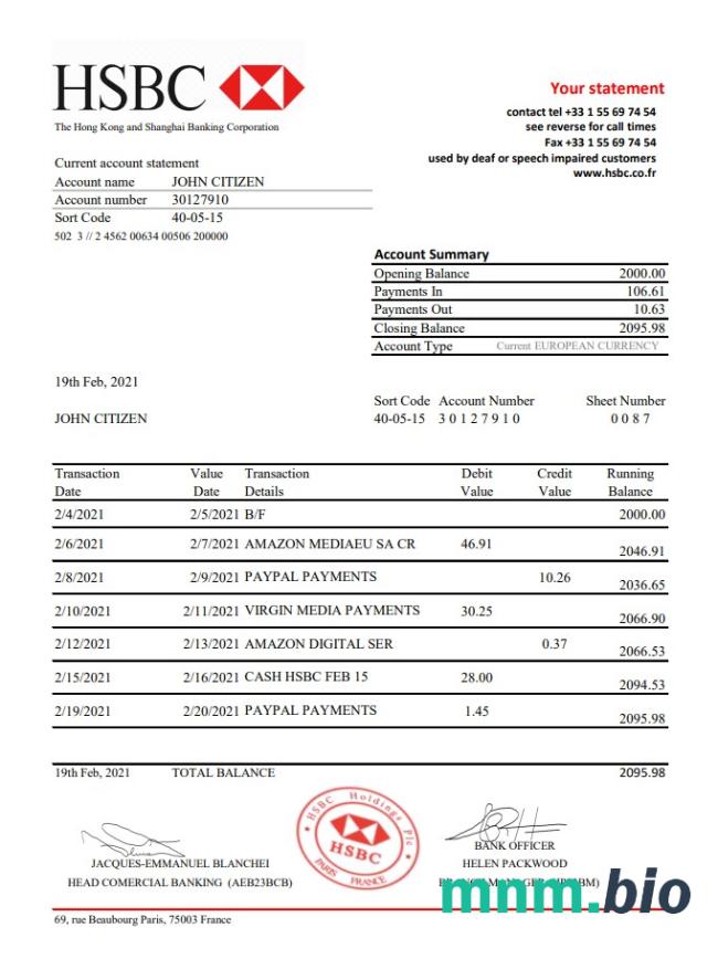 Francja HSBC szablon wyciągu bankowego w .doc i .format pdf